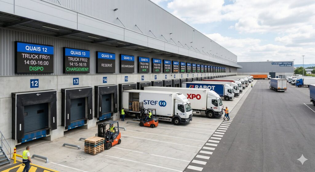 Gestion des quais sur une plateforme logistique avec camions et affichage dynamique en temps réel